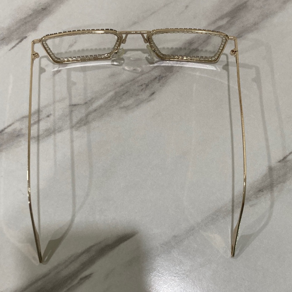 Gold Rhinestone Rectangle Frame Fashion Glasses - Picture 6 of 16